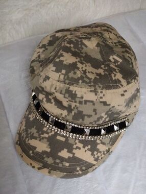 Camouflage Studded Military-Style Cap with Rhinestone Trim